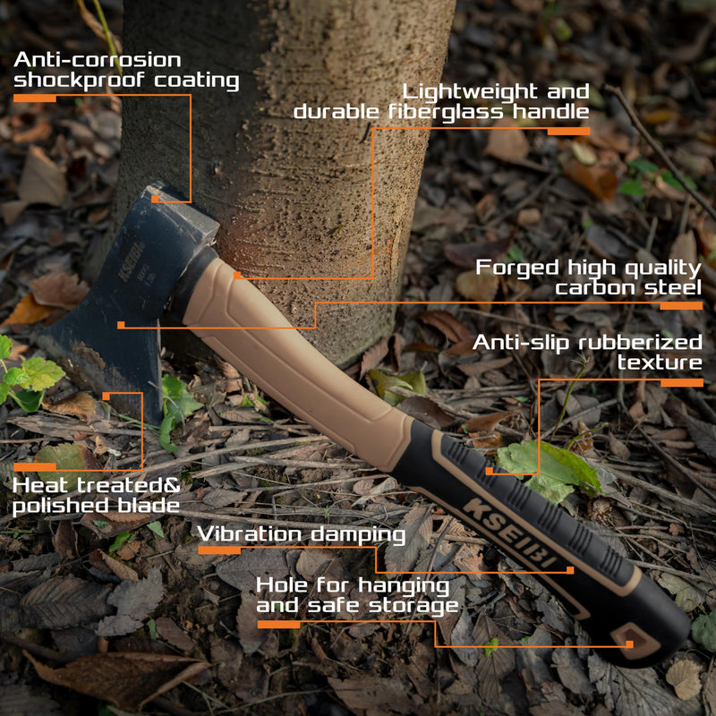 KSEIBI Outdoor Camping Hatchet with Sheath for Splitting and Kindling Wood, Forged Steel Blade with Anti-Slip and Shock Reduction Handle Great Throwing Axes and Hatchets (Tuscan Brown) Tuscan Brown