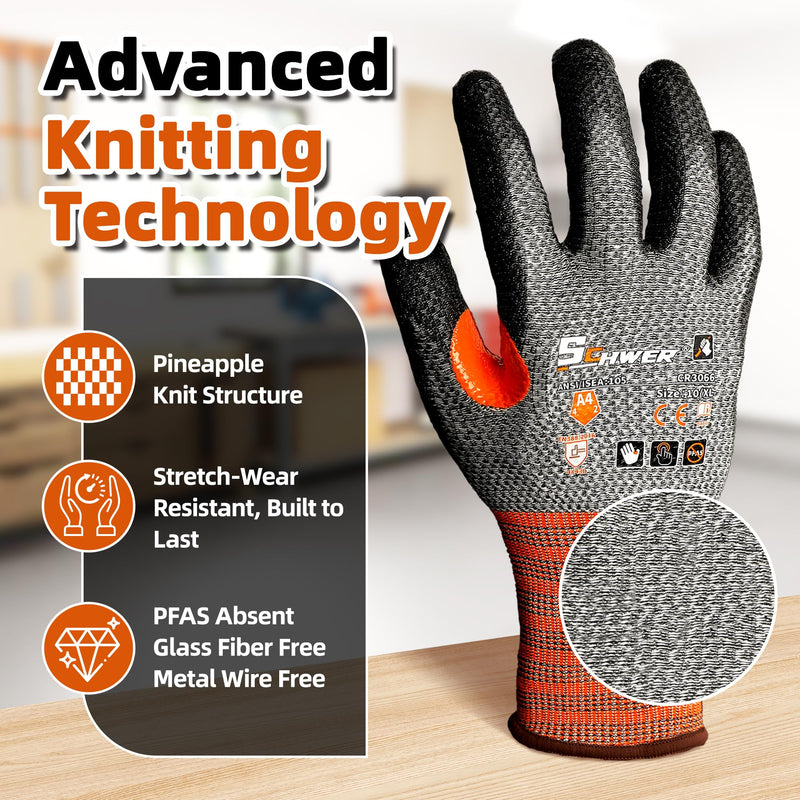 Schwer 12 Pairs Cut Resistant Work Gloves, CR3066 ANSI A4 Cut Proof Gloves with PU Coating, Touch-Screen, Non Slip, Reinforced Thumb, Wire & Fiberglass Free, Durable Working Gloves for Construction, L Large