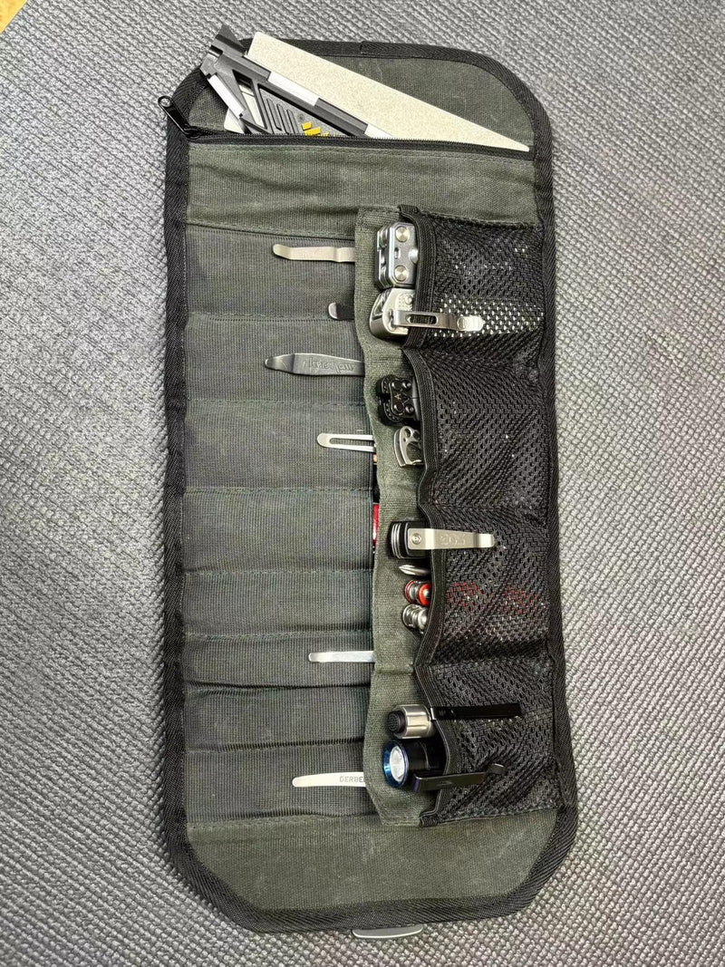 Roaring Fire Pioneer Mini Tool Roll Bag - Waxed Canvas Roll Up Pouch, YKK Zipper, 4 Mesh & 8 Elastic Loops for Wrenches, Survival, EDC - Gift for Dad