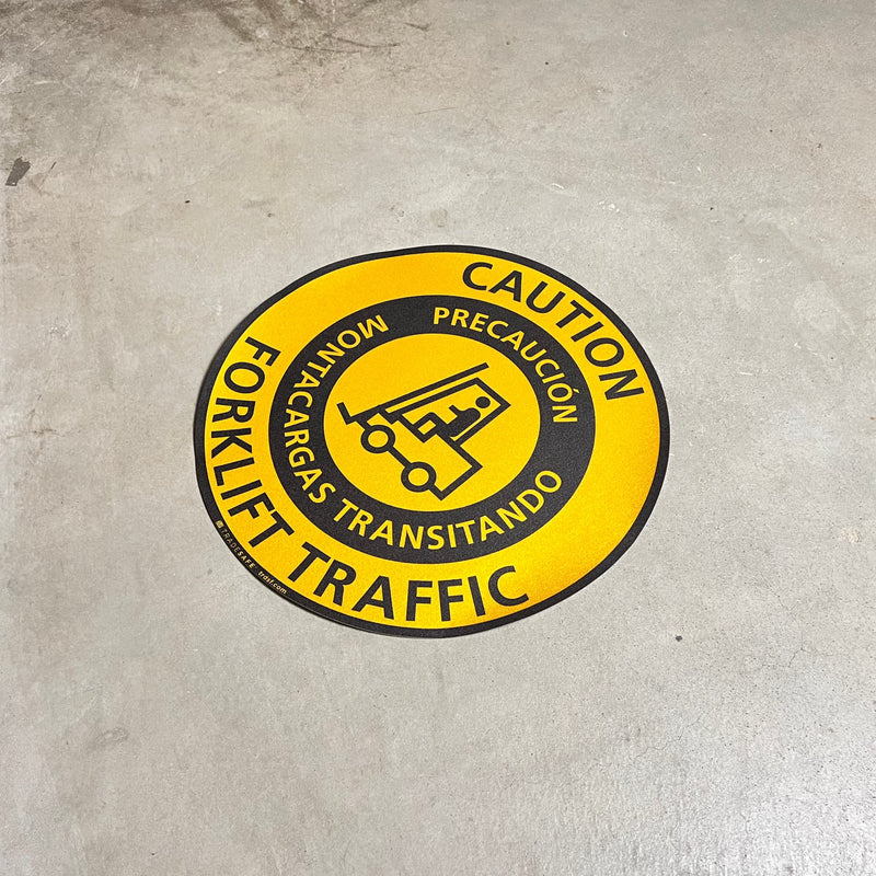 TRADESAFE Bilingual Caution Forklift Traffic Anti-Slip Floor Sticker - Precaución Montacargas Transitando Caution Sign, Peel and Stick Adhesive Vinyl Sign, ANSI-Compliant, 17” Diameter Round Sticker - NewNest Australia