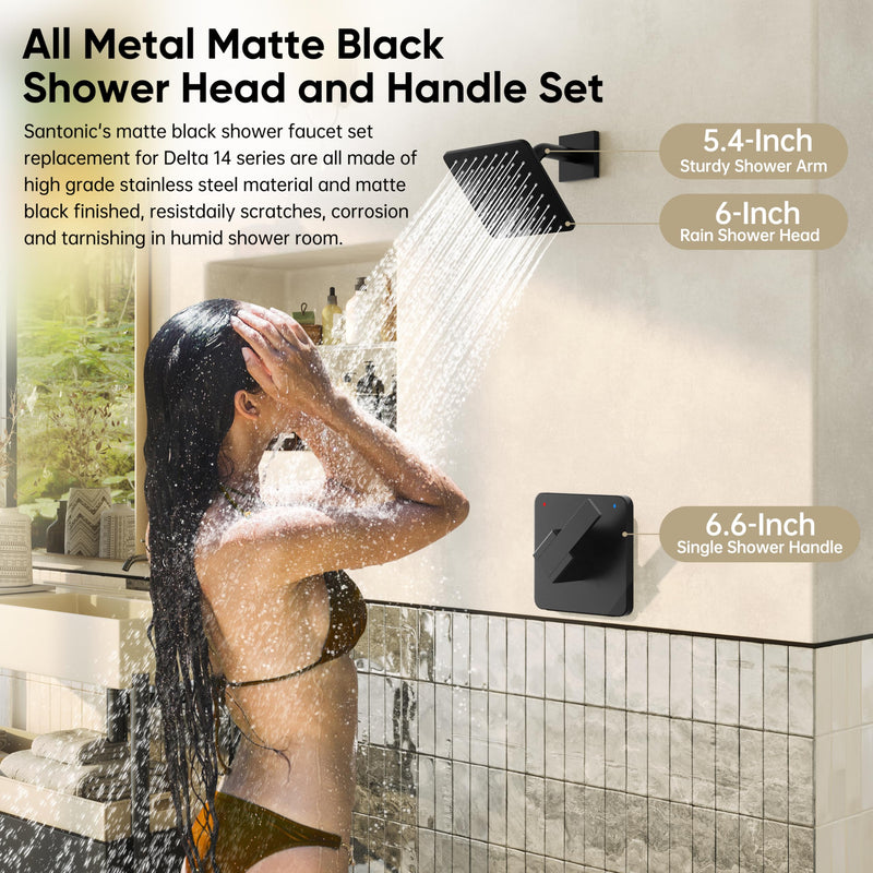 Replacement for Delta Faucet Shower Trim Kit 14 Series, Bathroom Shower Faucet Set with 6-Inch Matte Black Shower Head（Valve/Cartridge Not Included）