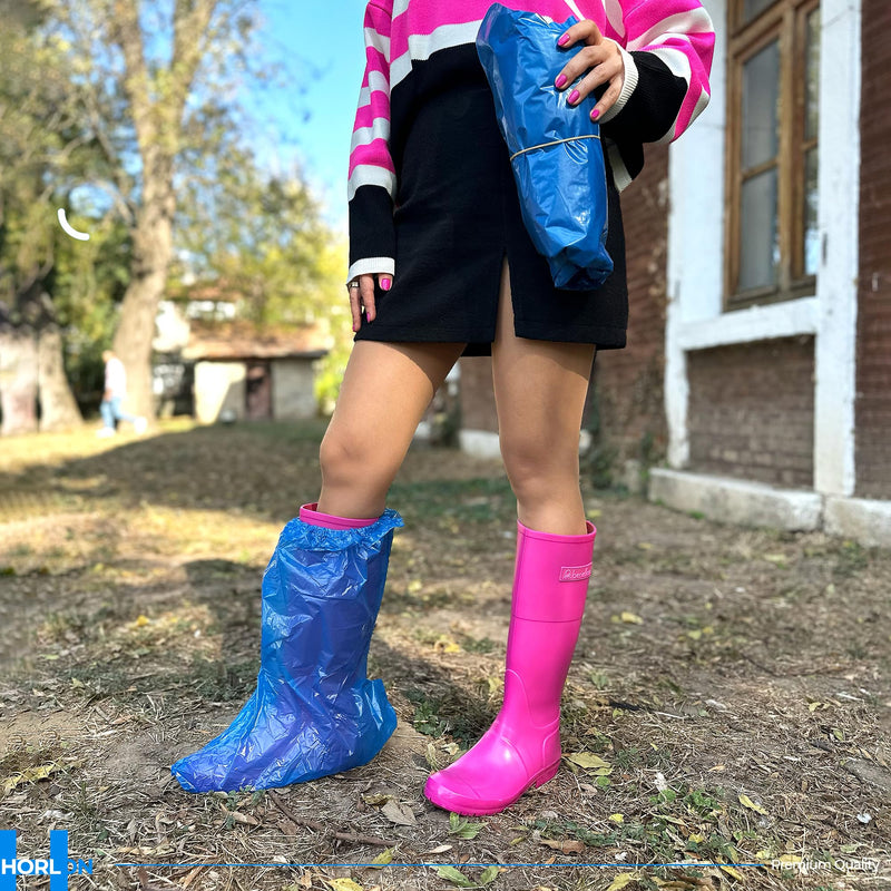 Large Thicker Boot And Shoe Covers Disposable Non-Slip 50 Pack (25 Pairs) Waterproof Durable Reusable Rain, Outdoor Indoors Overshoes, Fit Up To Men's 14, Blue, 20 Tall, Horlon