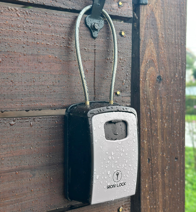 Iron Lock® Key Lock Box Portable with Cable Shackle & Wall Mount – Waterproof Heavy Duty Metal Lock Box for Keys with 4-Digit Combination Code on Door Knob, Fence, Pipe or Gate Extra Large (Grey, XXL) 2X-Large Portable Cable Grey