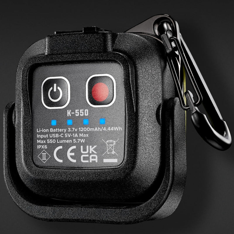 Unilite K-550 Compact Mini Work Light with Carabiner | Type-C Rechargeable | 550 Lumens | White 6500k COB LED | 6 Lighting Modes | 160˚ Rotating Stand with Strong Magnet | IPX6 Waterproof