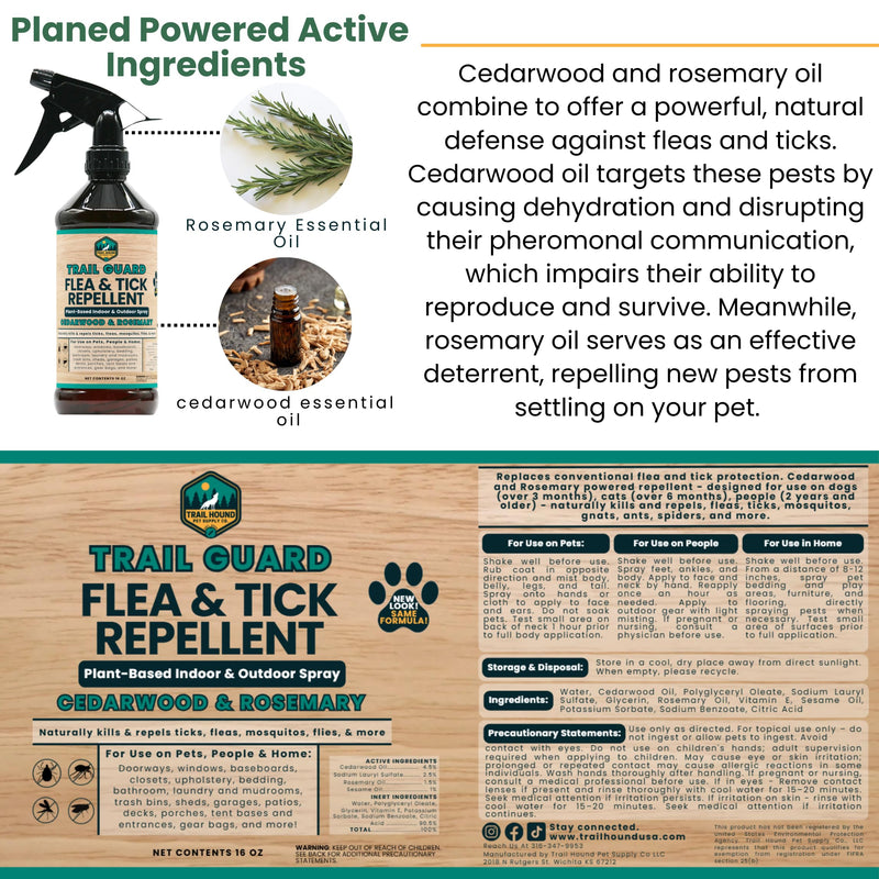 Trail Guard Natural Extra Strength Insect, Flea and Tick Spray for Dogs, Cats, People & Home (16oz, Cedarwood & Rosemary) 1 Pack 16oz