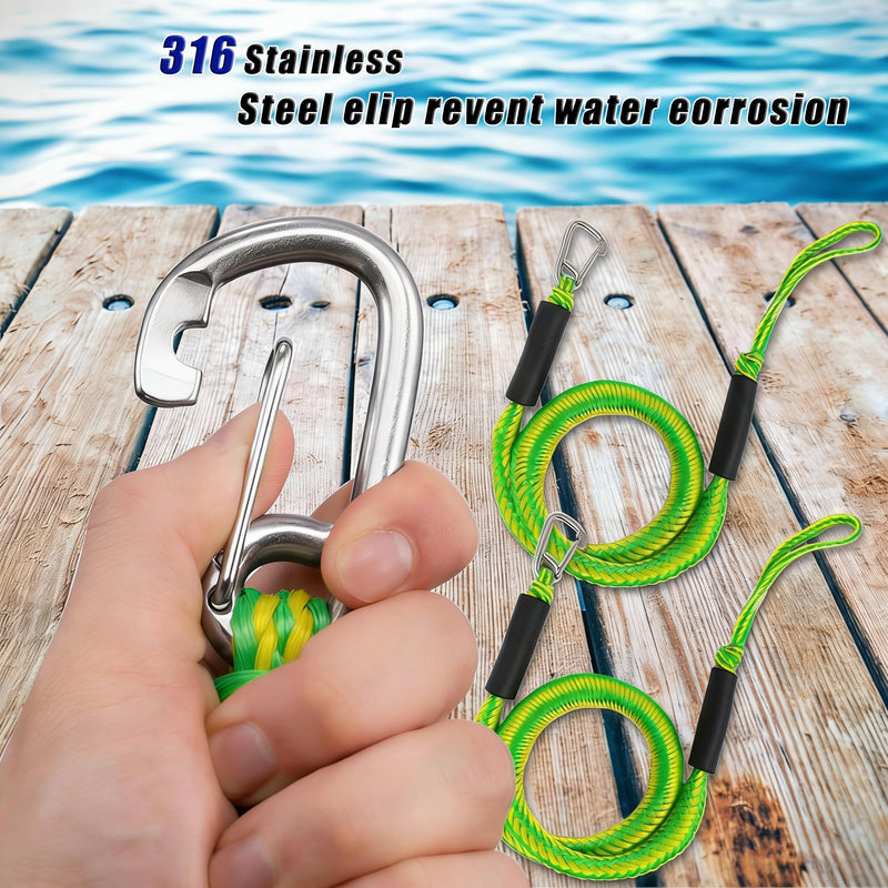 4 Ft Bungee Dock Line for Boats,Built-in Snubber,Dock Lines with Stainless Steel Clip,Scalable Boat Accessories Suitable for Kayak,Jet Ski,Pontoon, Canoe, Power Boat (Green with Hook 2P) Green with hook 2P