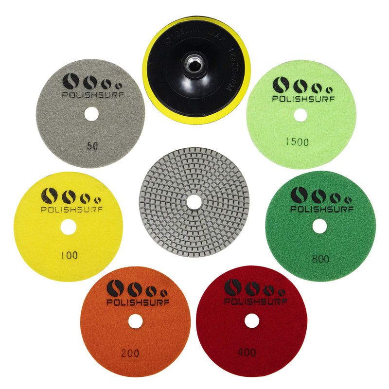 Diamond Polishing Pads 5 Inch Wet Dry Set 8 Pieces for Marble Quartz Stone Countertop Granite Concrete Polishing
