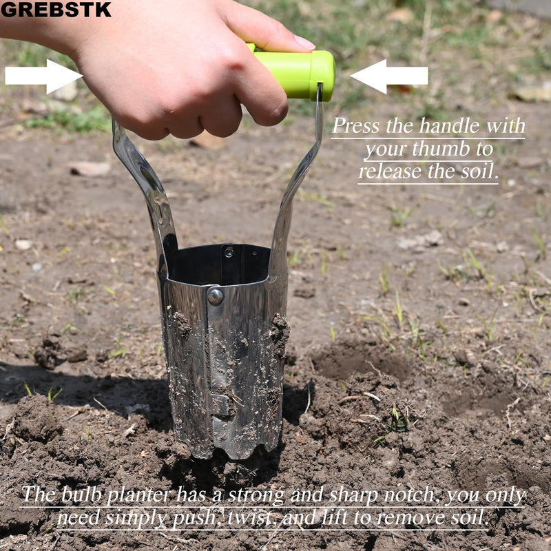 GREBSTK Sturdy Stainless Steel Gardening Bulb Transplanter Tool with Depth Mark and Soil Release Handle for Planting Bulbs 9.4 inch