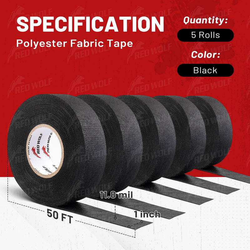 RED WOLF Wire Harness Tape 1 Inch 50 FT High Temp Wiring Loom Harness Self-Adhesive Felt Cloth Electrical Tape for Automotive Engine Electrical No Residue Fabric Insulated Black 5 Rolls