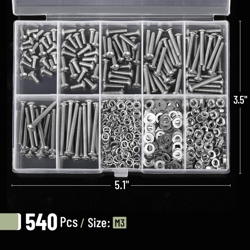 Mr. Pen- Nuts and Bolts Assortment Kit, 540 pcs, Stainless Steel, M3 Screws (7 Sizes 6-30mm)Button Head Socket Cap Screws Assorted Nuts and Bolts Nut Bolt and Washer Assortment Bolt and Nut Assortment