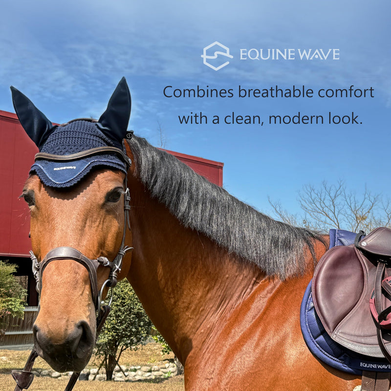 EQUINEWAVE Horse Fly Bonnet, Breathable Crochet Ear Bonnet with Stretch Comfort Ears, Contoured Fit for English Riding NAVY