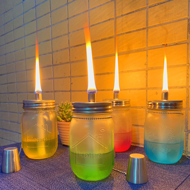 Mason Jar Tabletop Torch Kits,4 Pack Longlife Fiberglass Wicks,Stainless Steel Mason Jar Lids Caps Included,Outdoor Deck Oil Lamp Torch