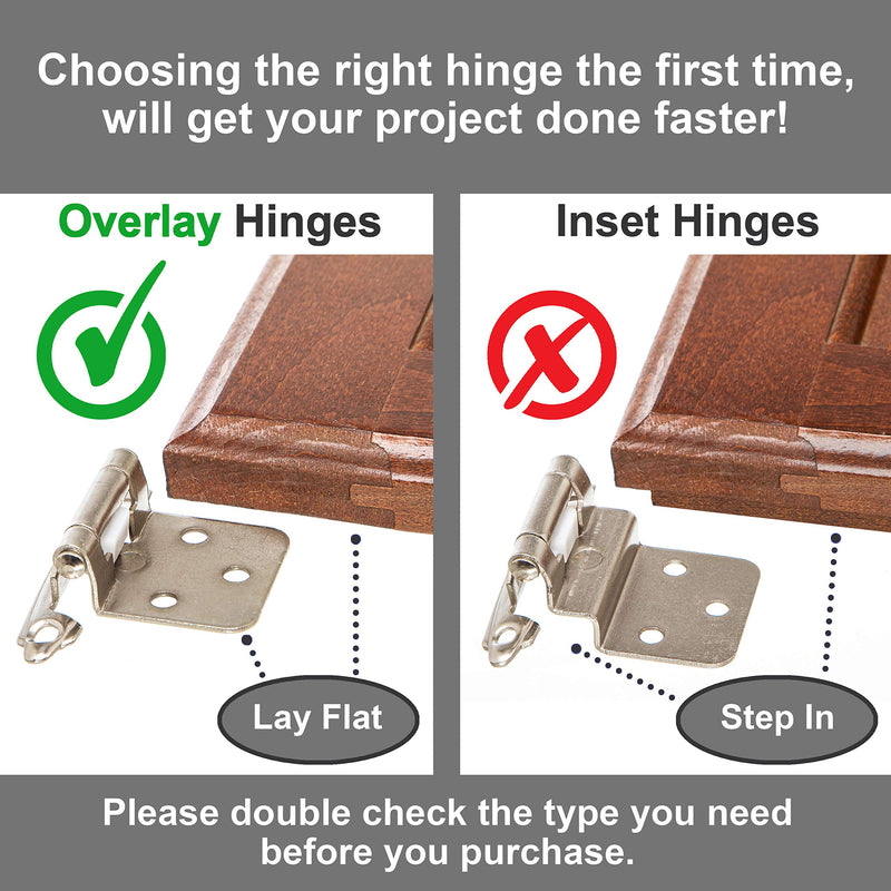 DecoBasics Cabinet Hinges Brushed Nickel for Kitchen Cabinets Doors (25 Pair -50 Pcs) -1/2" Overlay (Variable) -Self Closing Kitchen Cabinet Hinges Flush Mount w/Silicon Bumpers & Hardware Screws 50 Pack