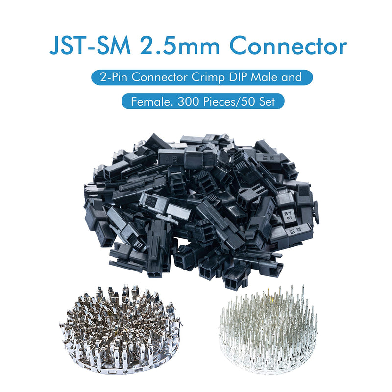 JST SM 2.5 mm Pitch 2-Pin Electronic Connector IC Male Plugs, Female Sockets Housing and Male/Female T-Shaped Crimp Terminal Kit. 50 Sets/300 Pieces Wire-Wire Adapter Cable Assembly. 2P