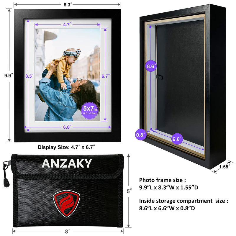 Photo Picture Frame Diversion Safe with Fireproof & Waterproof Money Bag, Valuable Storage, Home Security, ANZAKY Mini Box with Hidden Compartment to Shield your Money, Cash, 5"x7" Black 5x7 inch