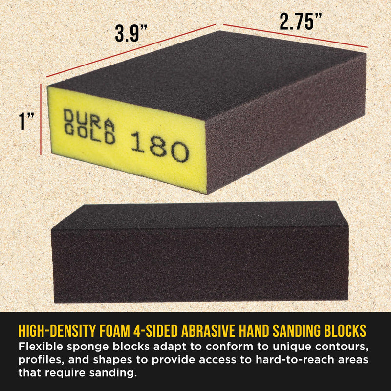 Dura-Gold 4-Sided Hand Sanding Block Sponge Variety Pack, Box of 18, Grits 36, 60, 80, 100, 120, 150, 180, 220, 320-3.9" x 2.75" x 1" Wet or Dry Flexible Sandpaper Pads Sand Wood Drywall Metal Paint 18 Variety Pack