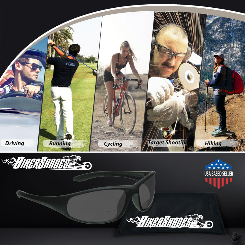 proSPORT Z87.1 Bifocal Safety Sunglasses ANSI for Men Women Readers Sport Wrap Dark Gray Smoke Black +1.50 +2.00 +2.50 +3.00 Smoke 2 Pairs 2.0 x