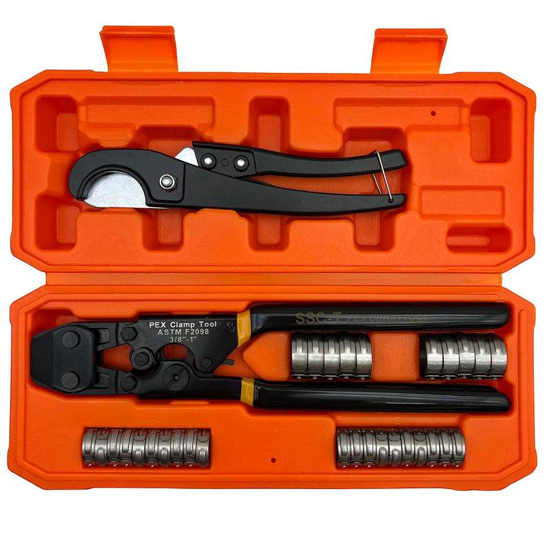 PEX Pipe Clamp Cinch Tool Crimping Tool Crimper for Stainless Steel Clamps from 3/8-inch to 1-inch with 1/2-inch 20PCS and 3/4-inch 10PCS SS PEX Clamps,with Pipe Cutter in Plastic Box CH-T-PBOX