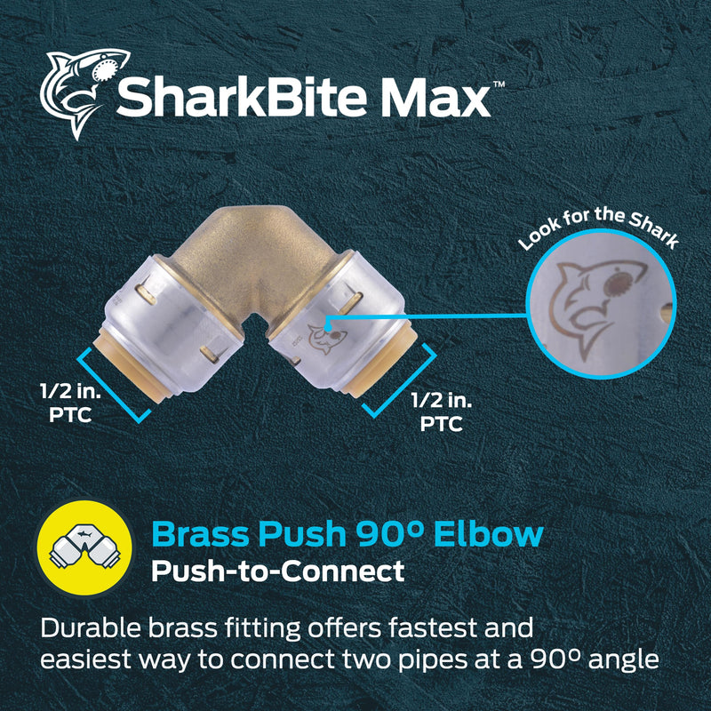 SharkBite Max 1/2 Inch 90 Degree Elbow, Push to Connect Brass Plumbing Fitting, PEX Pipe, Copper, CPVC, PE-RT, HDPE, UR248A 1/2 in.