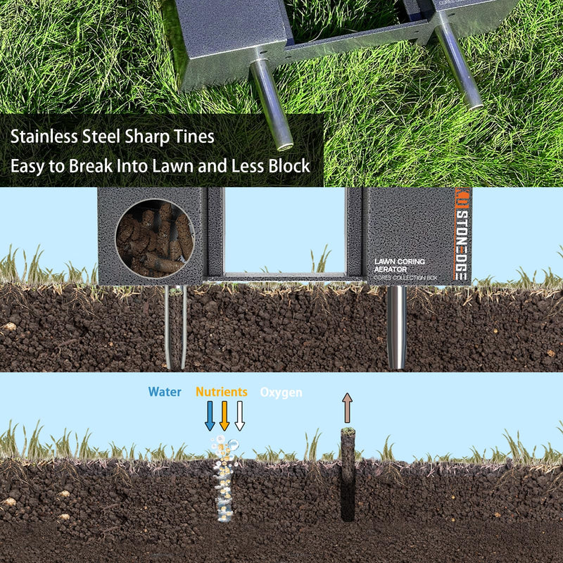Manual Coring Lawn Aerator Hand Tool 4 Replace Tines Cores Box Loosening Compacted Soil Condition Improve Garden Yard Grass Aeration