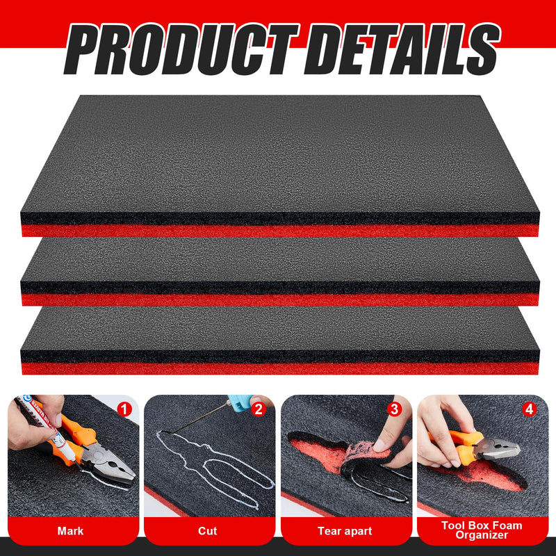 Gisafai 3 Sets Tool Box Foam Sets Includes 3 Tool Box Liner 1 Foam Cutter 2 Marker Pens Adjustable Non Slip Organizer for Toolbox Cabinet Chest Drawer Storage Craft(18 x 12 x 1 Inch) 18 x 12 x 1 Inch