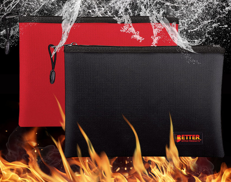 Better Office Products 2 Pack Fireproof Document Bag, 13.4" x 9.4", Storage Pouch with Zipper, Safe Storage Bag, Water-Resistant Material, Holder for Letter Size & A4 Documents (1 Red + 1 Black)