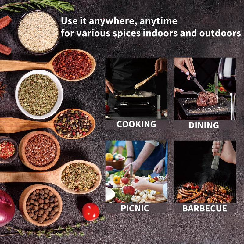Modern Thumb Click Salt and Pepper Grinder with Refillable Peppermill - Perfect for Himalayan Salts, Black Pepper, Sea Salt, Peppercorns, Spices Push Button for 1 hand operation (set) Stainless Steel Set