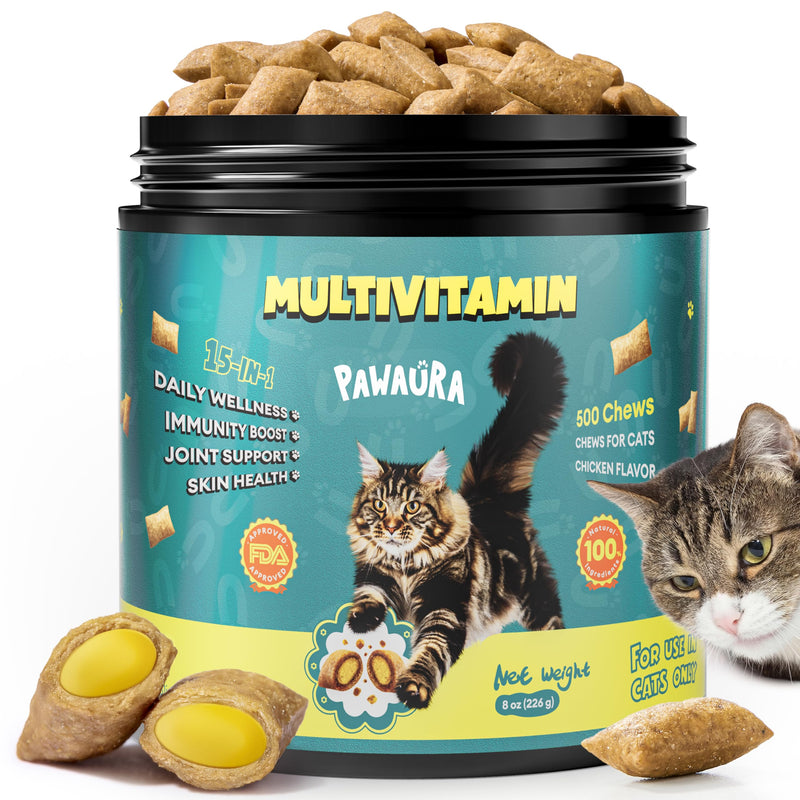 Cat Multivitamin Treats with Taurine – 500 Crunchy & Creamy Cat Vitamin Chews for Immune, Joint, Digestion, Skin & Coat Support – Daily Healthy Supplement for Cats of All Ages Cat Multivitamin (500 Chews)