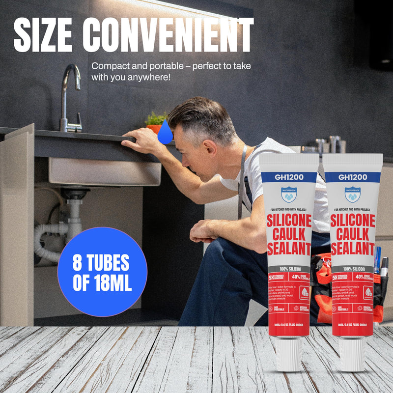 GH1200 18 ML x 8 PCs Silicone Caulk Clear Silicone Sealant Waterproof, Kitchen & Bathroom Caulk - Shrink & Crack Proof - Pocket-Friendly Small Size Indoor & Outdoor Use Silicone Glue - Strong Caulking