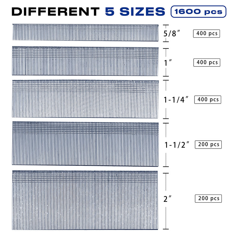 SimCos18 Gauge Brad Nails 2”,1-1/2",1-1/4",1",5/8",1600 pcs Assorted Project Pack,Galvanized 18 GA Nail Gun Nails Assorted and Small Finishing Nails for Pneumatic, Electric Brad Nailer