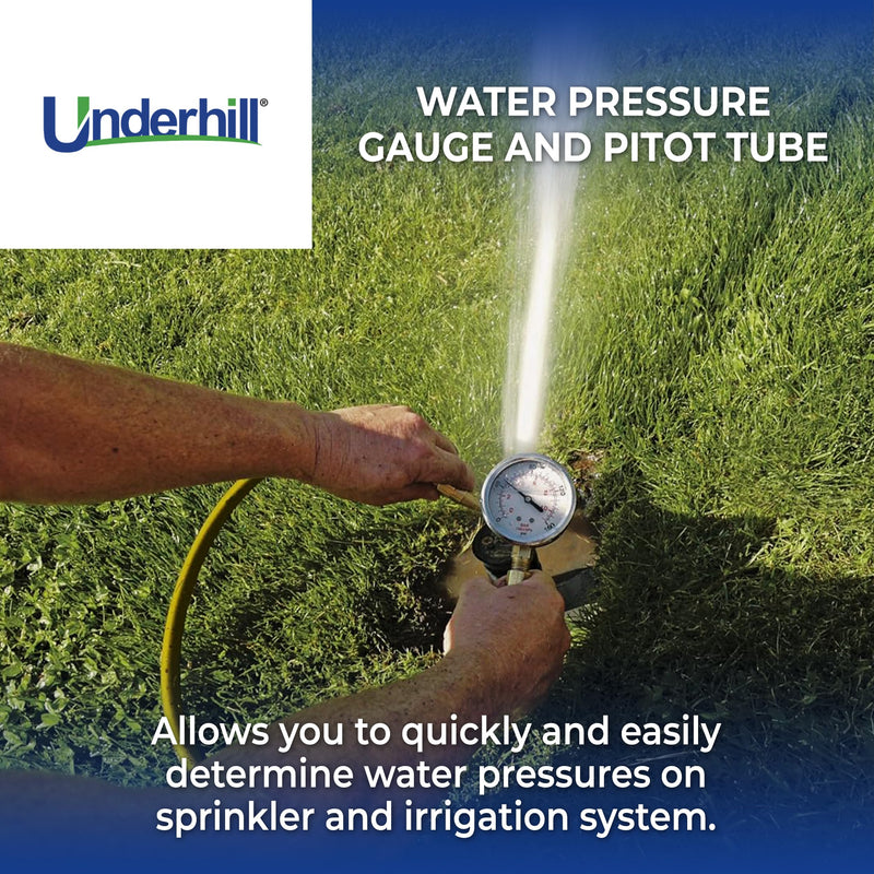 Underhill Water Pressure Gauge and Pitot Tube 160 PSI, with Dial Indicator, Tester, for Outdoor Garden, Sprinklers, Irrigation System, HeadChecker, A-HCGPK
