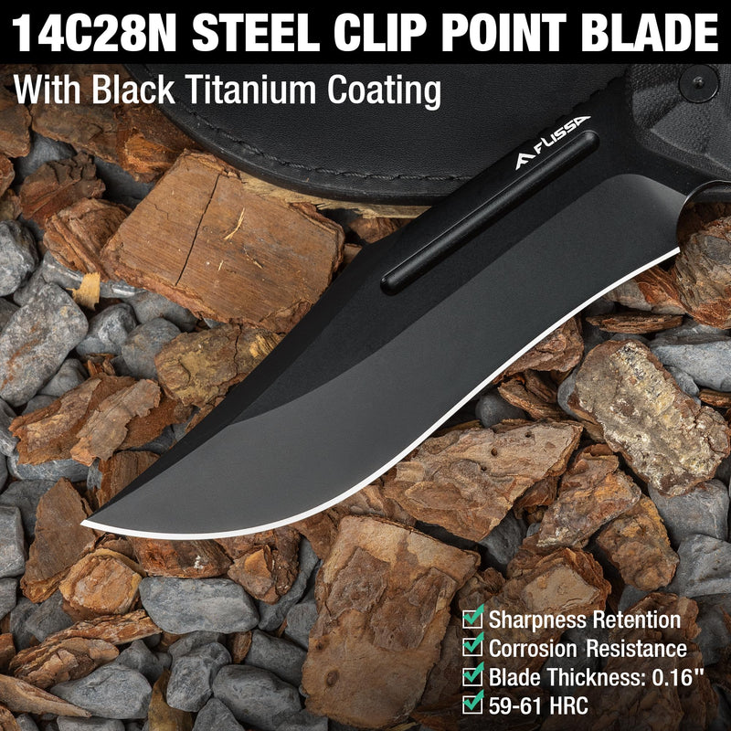 FLISSA 12.2-Inch Fixed Blade Bowie Knife with Leather Sheath, 14C28N Steel Full Tang Blade, G10 Handle for Outdoor Hiking, Camping, Hunting, Survival, Gift for Men Women