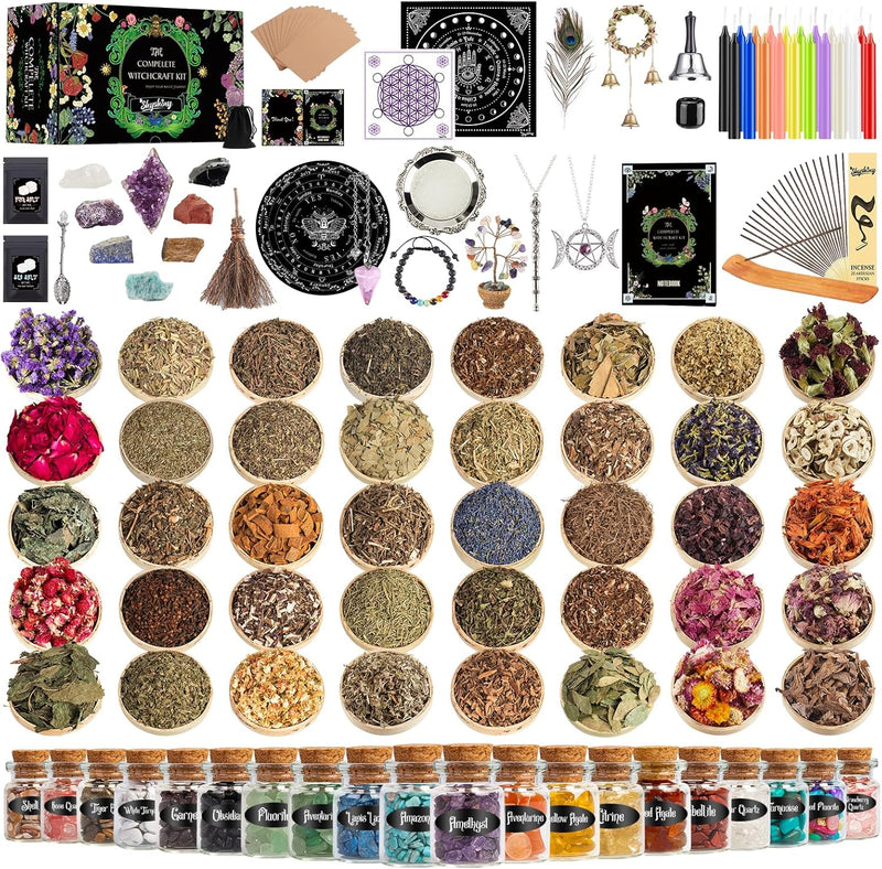 Vipnaji Starter Witch Kit 64 Pieces Witchcraft Kit, Small Candles, Dried Flowers, Crystals, Measuring Spoons, Parchment Paper, Tumbled Gemstone Crystal Chips For Chimes, Magic, Witchcraft, Make A Wish, Rituals