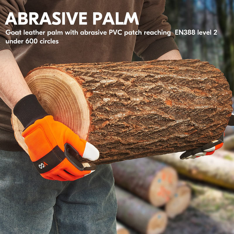 Vgo... Chainsaw Gloves, 12-Layer Chainsaw Protection on Both Hand Back, leather Work Gloves, Mechanic Gloves X-Large(1 Pair) Orange(knitted Cuff)