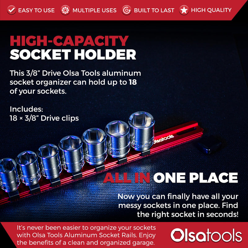 Olsa Tools Socket Organizer (3/8-Inch Drive, Red) - Socket Organizers for Mechanics - Socket Holder and Socket Rail - Holds 18 Chrome or Impact Sockets - Professional-Grade - Part: 1011 3/8-inch drive
