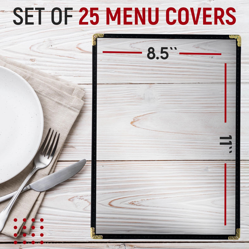 25 Restaurant Menu Covers 8.5'' x 11'', Single Pocket Menu Holder with Golden Corners
