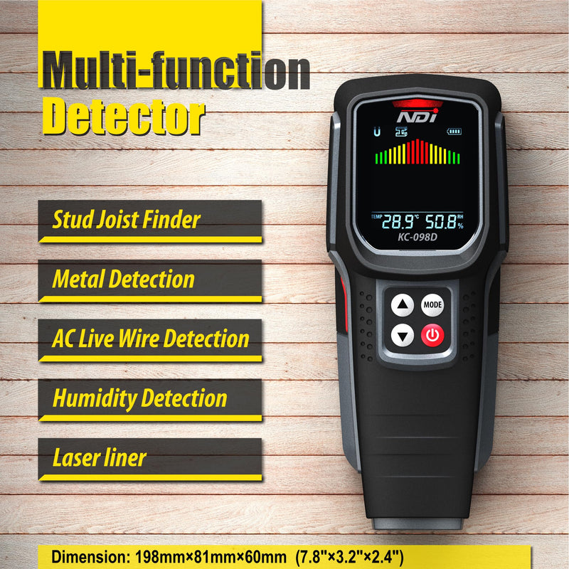 NDI 098D 5‑in‑1 Stud Finder Wall Scanner with Laser Liner – Precise Stud, Metal, Pipe & Live Wire Detection + Moisture Scan & Laser Guide