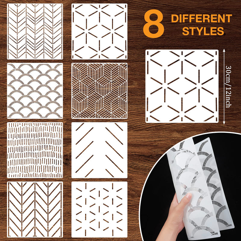 8 Pieces 12 x 12 Inch Herringbone Geometric Wall Modern Stencils Decor Reusable Film Decorative for Painting, Walls, Pattern (Simple Style)