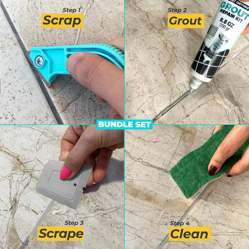 Pentausa Premixed Acrylic Sanded Tile Grout Repair Kit - Ready to Use Grout Renew Filler for Bathroom, Shower, & Kitchen Tile with Grout Removal Tool, Applicator & Sponge, (8.8 Oz - 250gr) (Grey) Grey