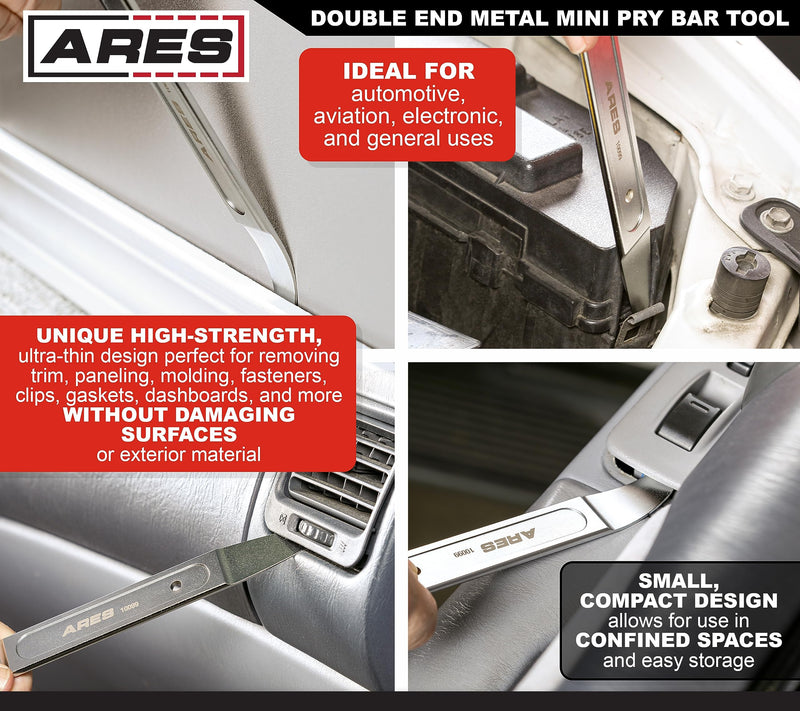 ARES 10099 - Compact Double End Metal Skin Wedge Prybar Tool - Durable Prybar Removes Trim, Paneling, Fasteners, and More - Compact Design with Curved and Straight Ends for Increased Versatility Compact Double End Skin Wedge Pry Tool