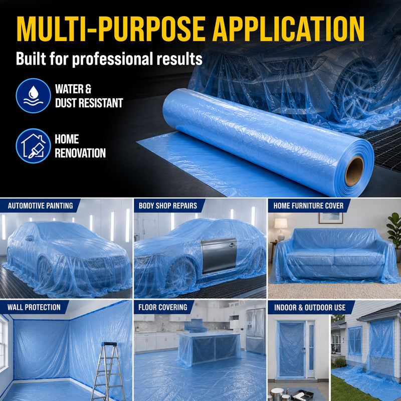 Dura-Gold 95" x 44' Pure Blue Pre-Folded Masking Film, (3 Pack) Painters Plastic Roll (0.4 Mil), Pull Down Drop Sheet, Pre-Folded Plastic Sheeting for Painting Protection on Auto, Walls, Furniture