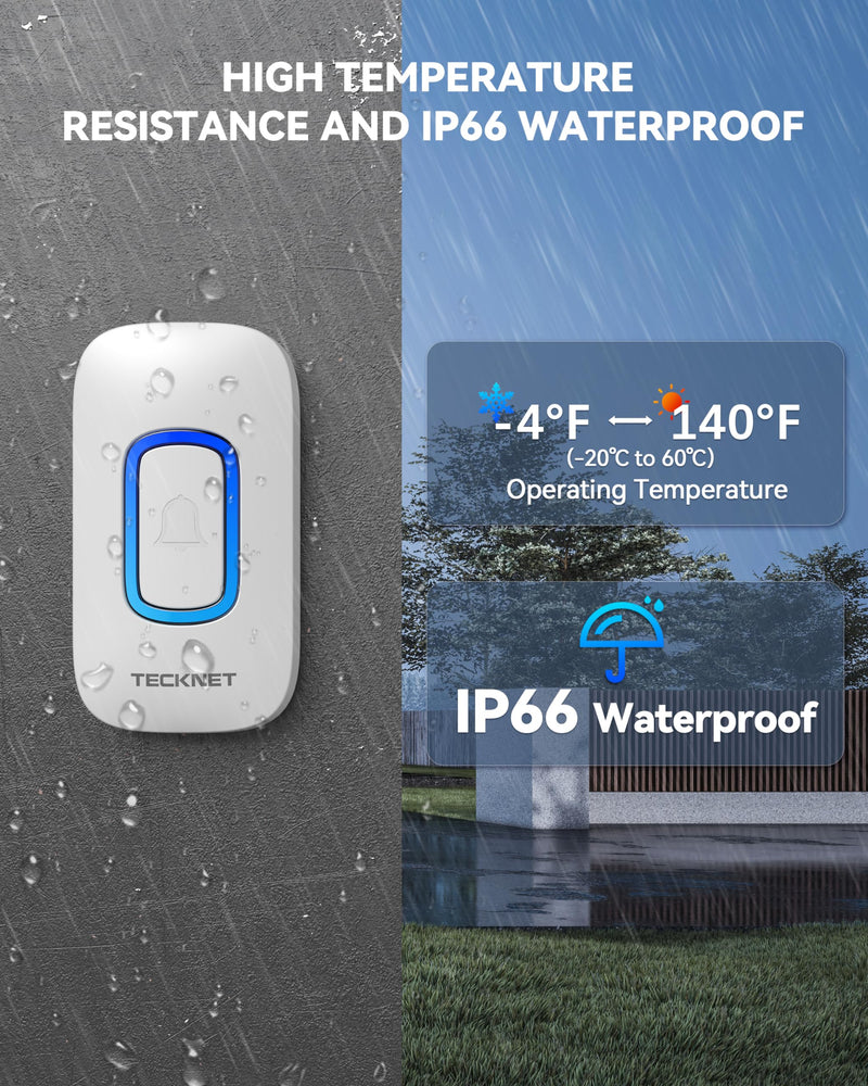 TECKNET Wireless Doorbell, Portable Doorbell with RGB Light, Battery Powered IP66 Waterproof Cordless Door Chime Kit, 1300 ft Wireless Range, 60 Chimes & 5 Level Volume, Using Time up to 4.5 Years 1 push button 1 portable receiver White