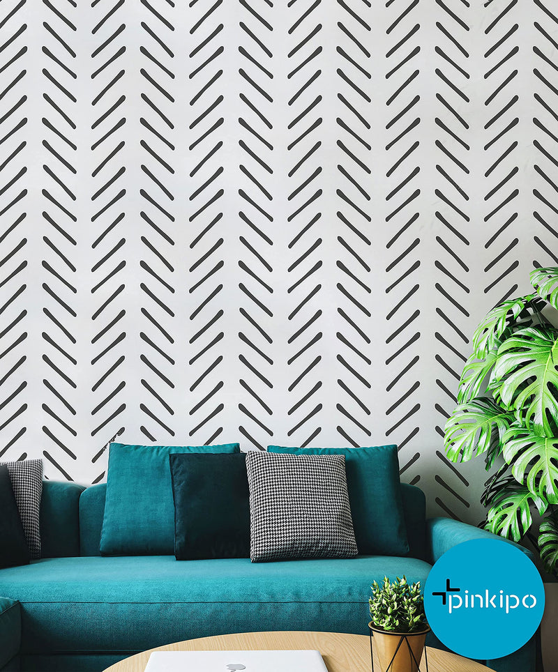 PINKIPO®, Hand-Drawn Herringbone, (16"x40") XL Stencil, Large Wall Stencil, Modern Geometric Wall Stencils for Painting, Stencils for Walls, Chevron Wall Stencil