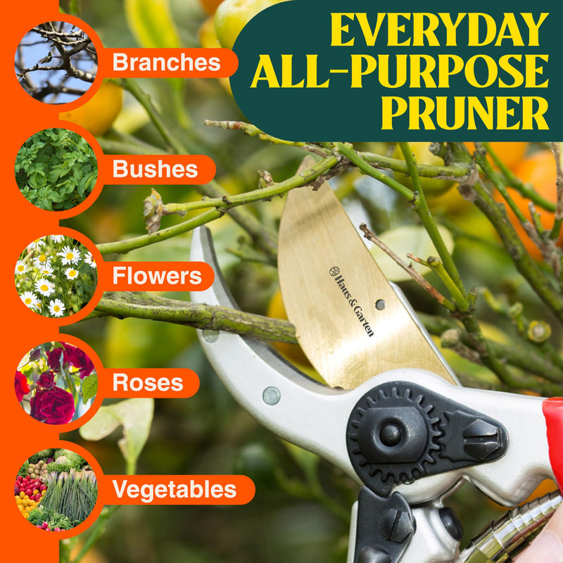 Haus & Garten ClassicPRO 8.5" Professional Premium Titanium Bypass Pruning Shears - Use As Pruners, Garden Shears, Heavy Duty Handheld Pruning Shears For Gardening, Clippers, Pruner Scissor Tool Red