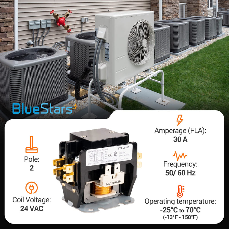 BlueStars Ultra Durable 2 Pole Contactor 30 Amp 24VAC Coil - Compatible with Relays, Air Conditioner, Heat Pump, Refrigeration Systems 2P 30A 24V