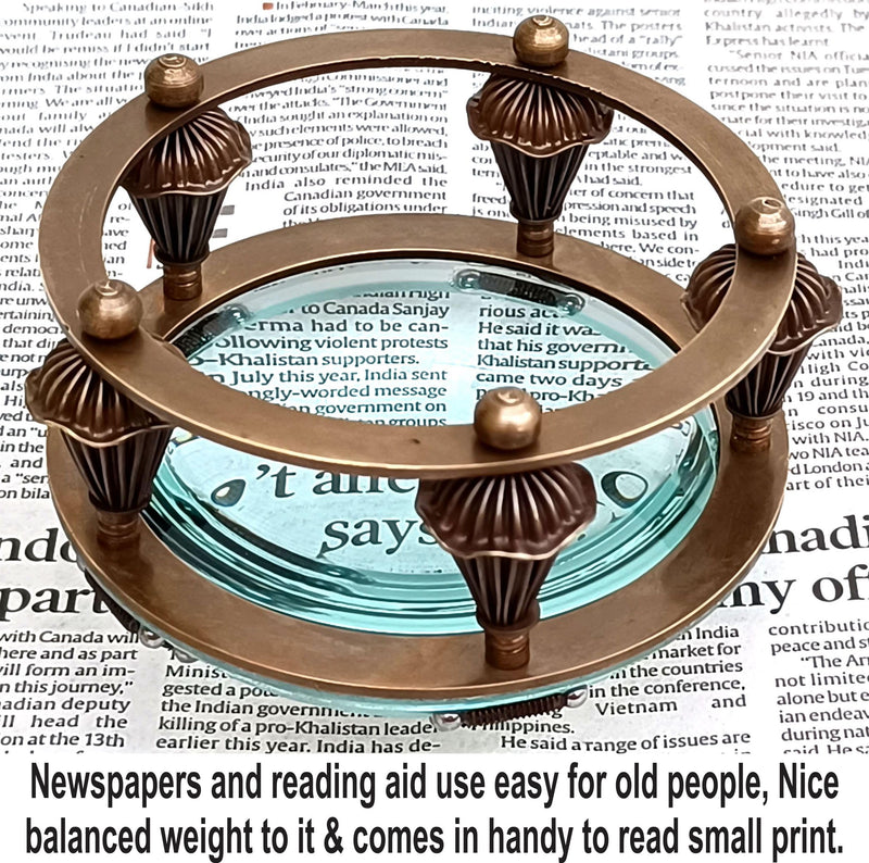 Antique Brass Magnifying Glass Lens for Reading Books & Newspaper Vintage Style Desk Magnifier With Jute Case Paperweight Chart Map Reader, Jewelry Loupe, Classroom Science, Insect & Hobby Observation