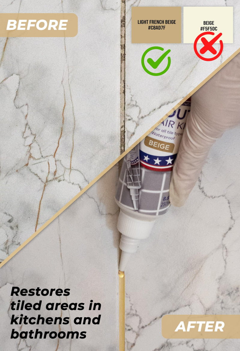 Tile Grout Repair, Beige 8.8 oz/250gr. Fast Drying Grout Repair Kit, Grout Filler Tube Repair Kit, Tile Grout Paint, Grout Sealer Restore and Renew Bathroom Floor, Tile Gaps, Joints, Lines Beige 8.8 oz.