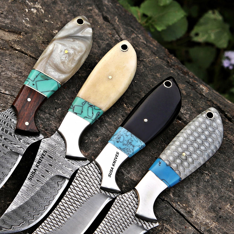 Custom Handmade 7'' fixed blade hoof rasp knife Cow boy knife Turquoise Handle Damascus steel Bull cutter, cowboy knives with pancake leather sheath (RESIN) RESIN