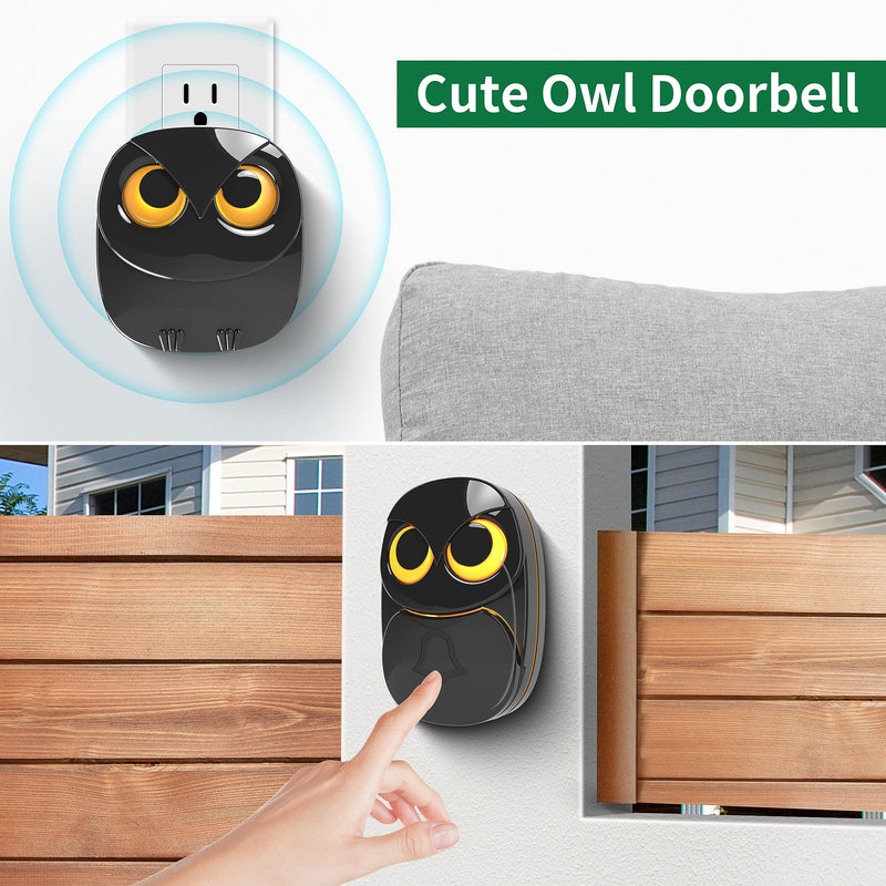 Wireless Doorbell, Cute Owl Doorbell Weatherproof IP55 Outdoor Remote Push Button- 1000 Feet Long Wireless Range, 1 Receiver + 1 Transmitter, Black 1 Receiver + 1 Transmitter - Black