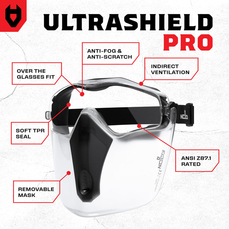 NoCry Safety Face Shield Mask for Work with Premium Anti Fog and Anti Scratch Technology — Durable ANSI Z87.1 Certified Grinding Face Shield with Extreme Impact Resistance Premium Goggles + Shield